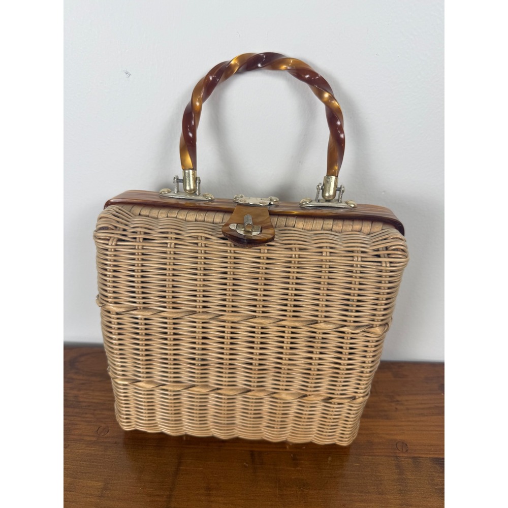 Vintage Woven Wicker Basket Handbag Tortoiseshell Lucite Handle Box Bag Tan